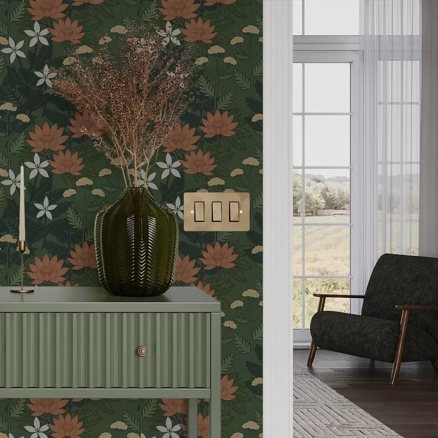 murais de parede Grandes flores entre folhagem verde, composição decorativa a00708