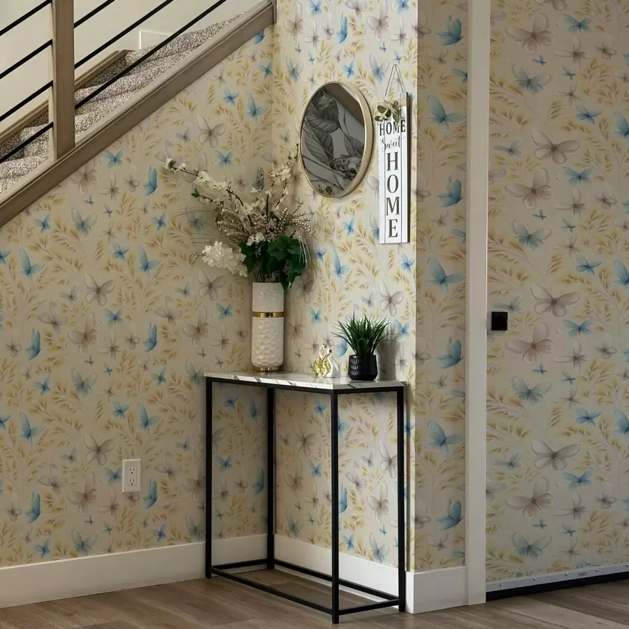 murais de parede Borboletas claras entre folhas amarelas num fundo claro a00795