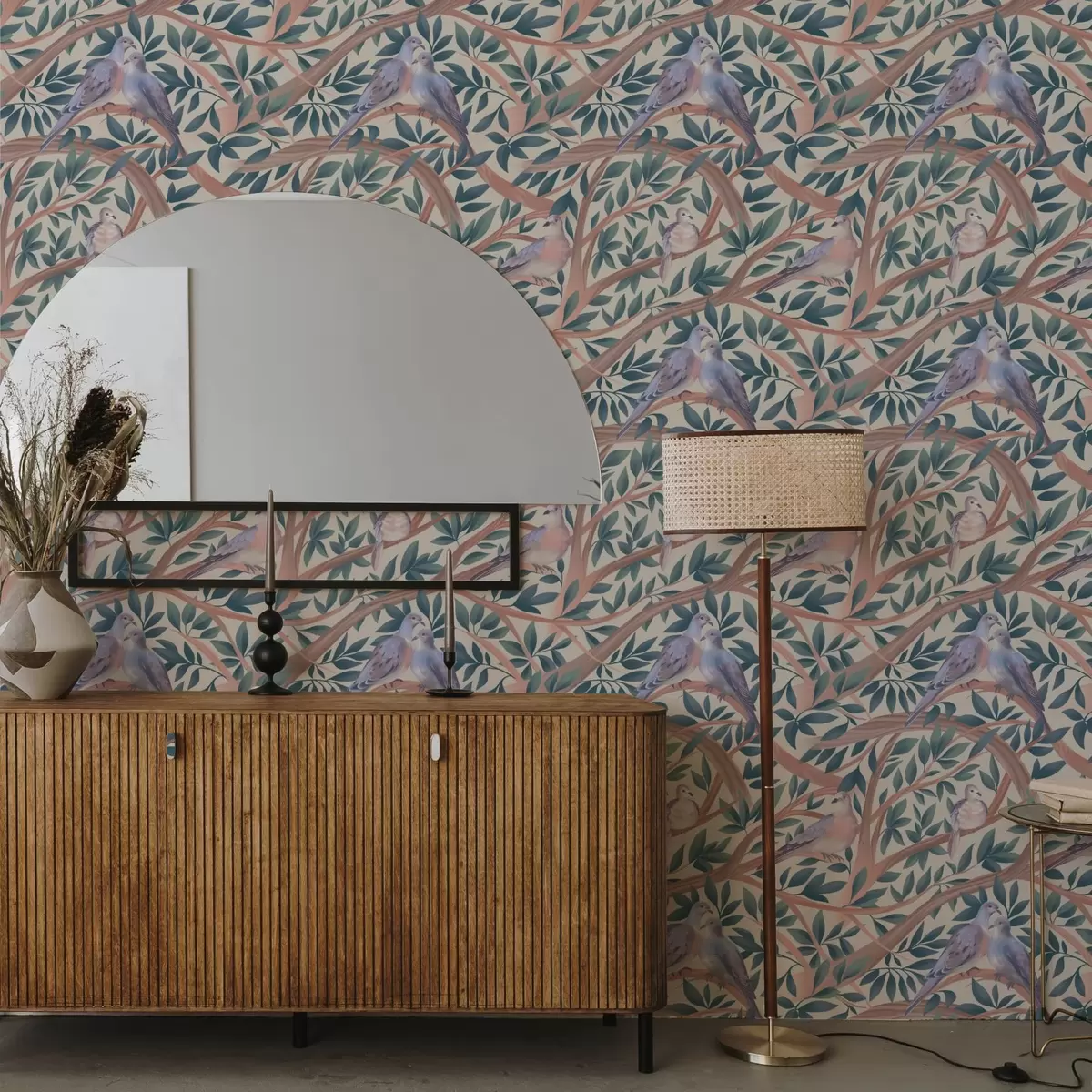 Papel de parede Pombas entre galhos e folhas numa paleta de tons pastel suaves a00796