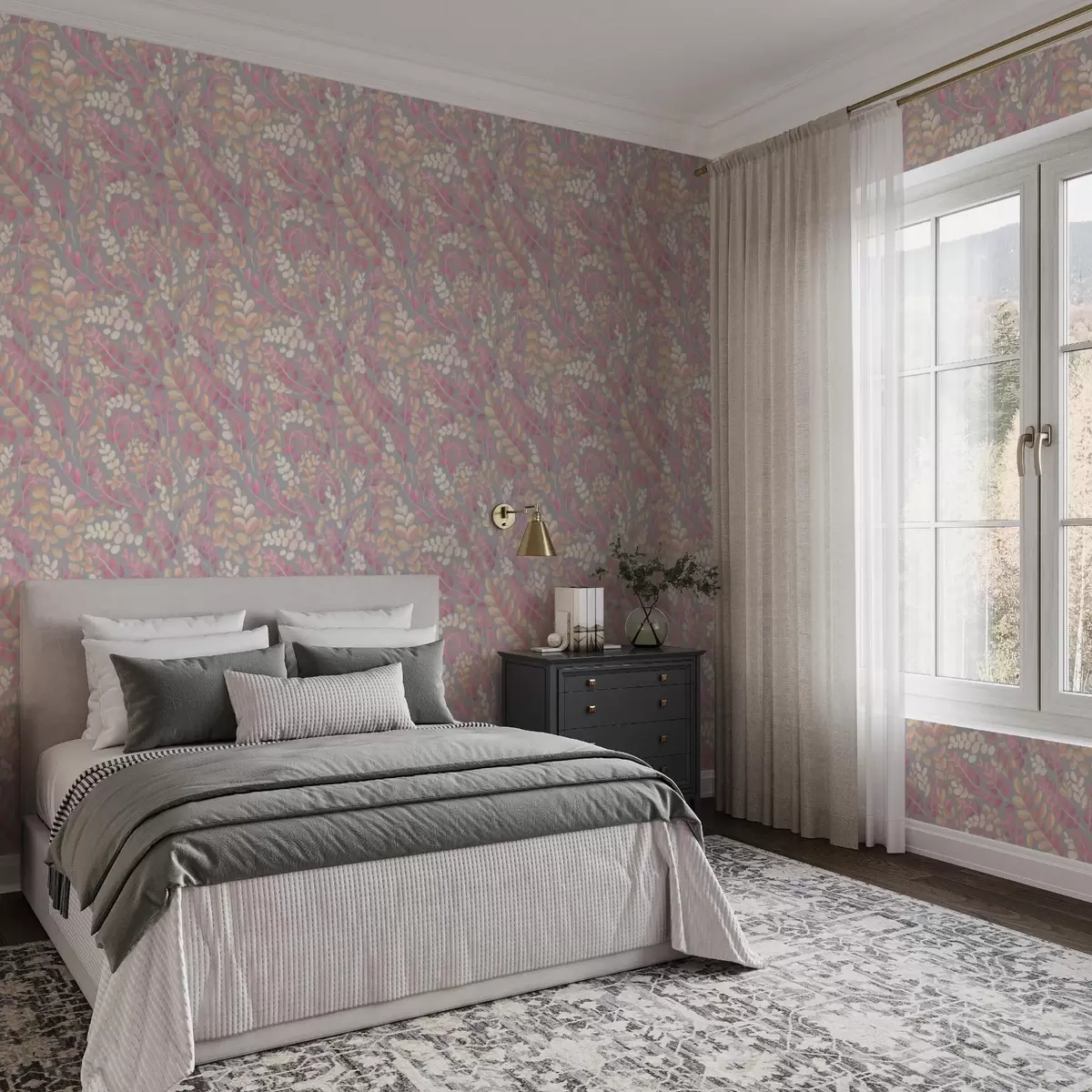 Papel de parede Galhos em tons pastel com folhagem rosa-pêssego sobre fundo cinzento a00799v1