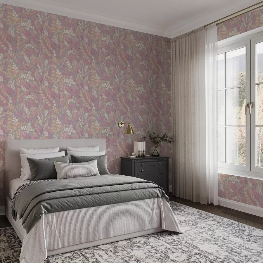 murais de parede Galhos em tons pastel com folhagem rosa-pêssego sobre fundo cinzento a00799v1