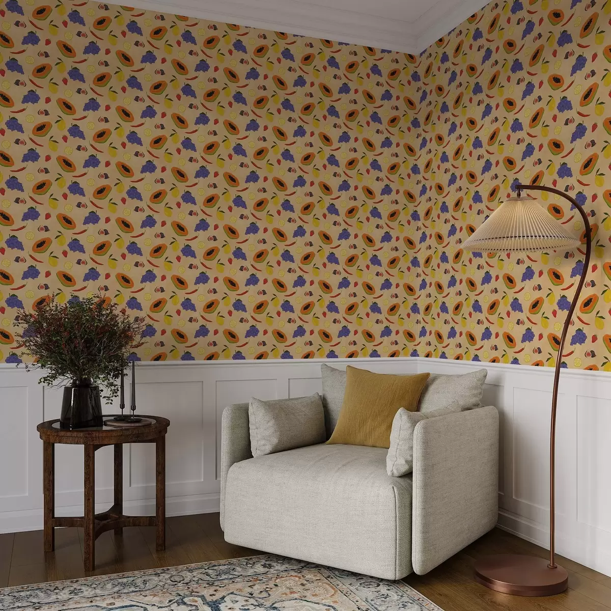 Papel de parede Mamão, frutas cítricas e bagas sobre um fundo rico e quente a00803v1