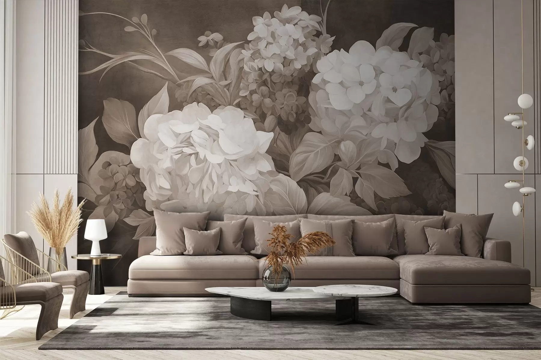 murais de parede Pintura texturizada em sépia imitando flores de hortênsias com folhas grandes, fundo abstrato e escuro w09465