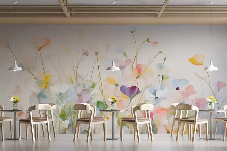 murais de parede Campo abstrato de flores coloridas com hastes longas e folhas verdes, texturizado, em tons pastel e cores claras w09466