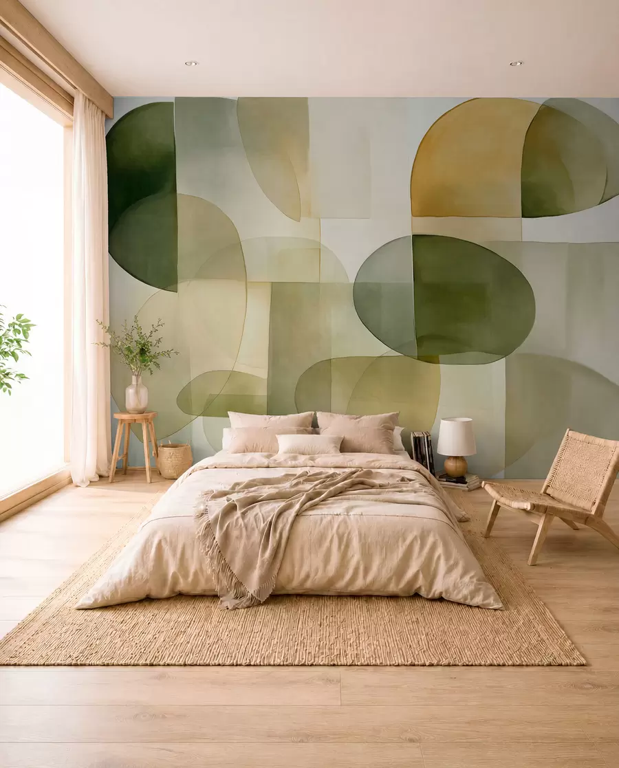 murais de parede Formas abstratas texturizadas em tons de verde e amarelo, tons suaves, composição minimalista, fundo neutro w09467