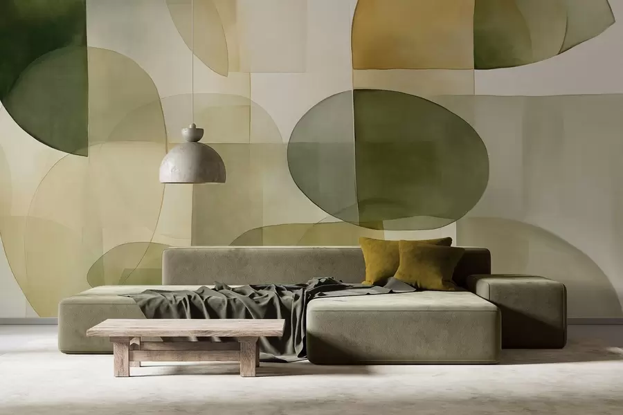 murais de parede Formas abstratas texturizadas em tons de verde e amarelo, tons suaves, composição minimalista, fundo neutro w09467