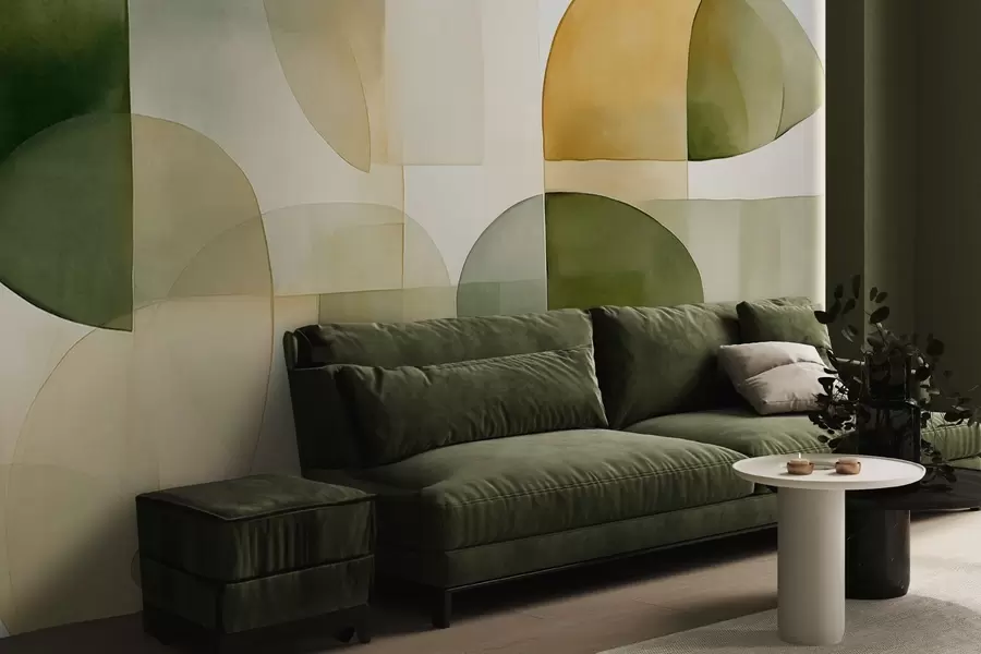 murais de parede Formas abstratas texturizadas em tons de verde e amarelo, tons suaves, composição minimalista, fundo neutro w09467