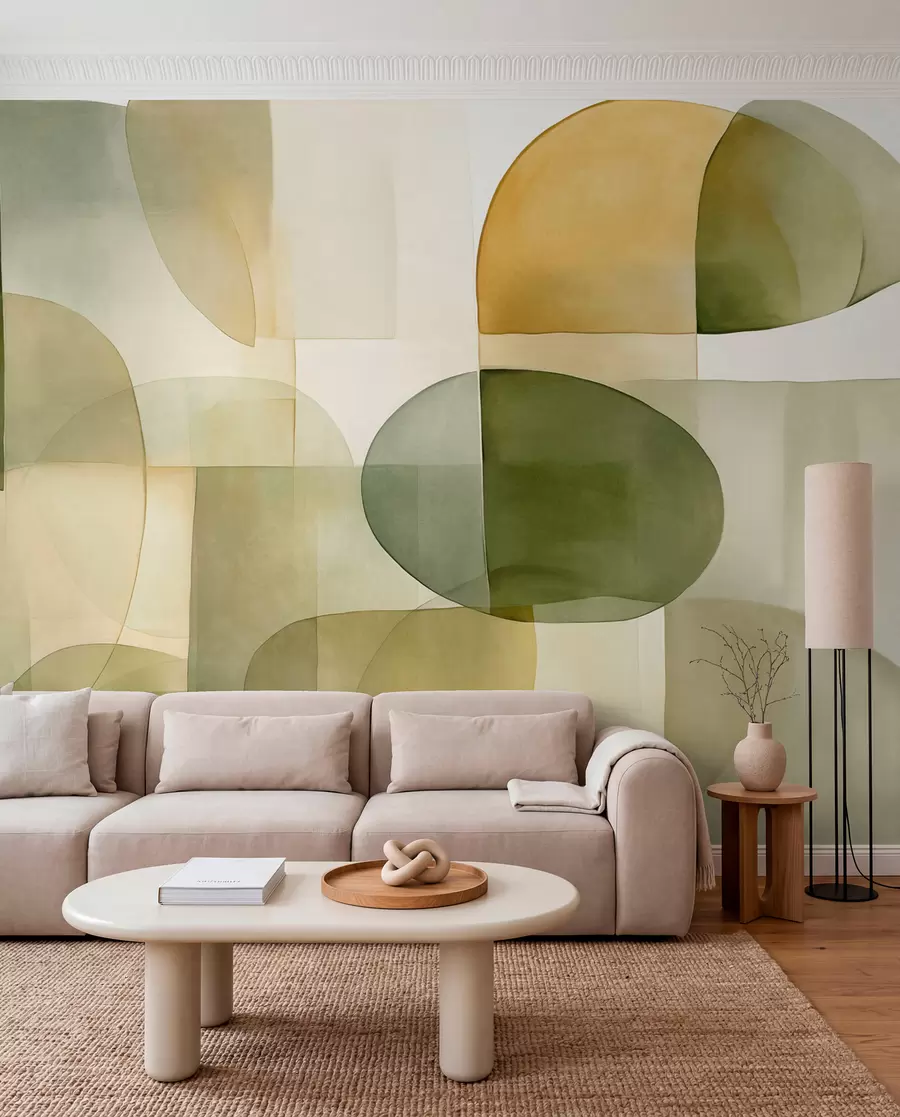 murais de parede Formas abstratas texturizadas em tons de verde e amarelo, tons suaves, composição minimalista, fundo neutro w09467