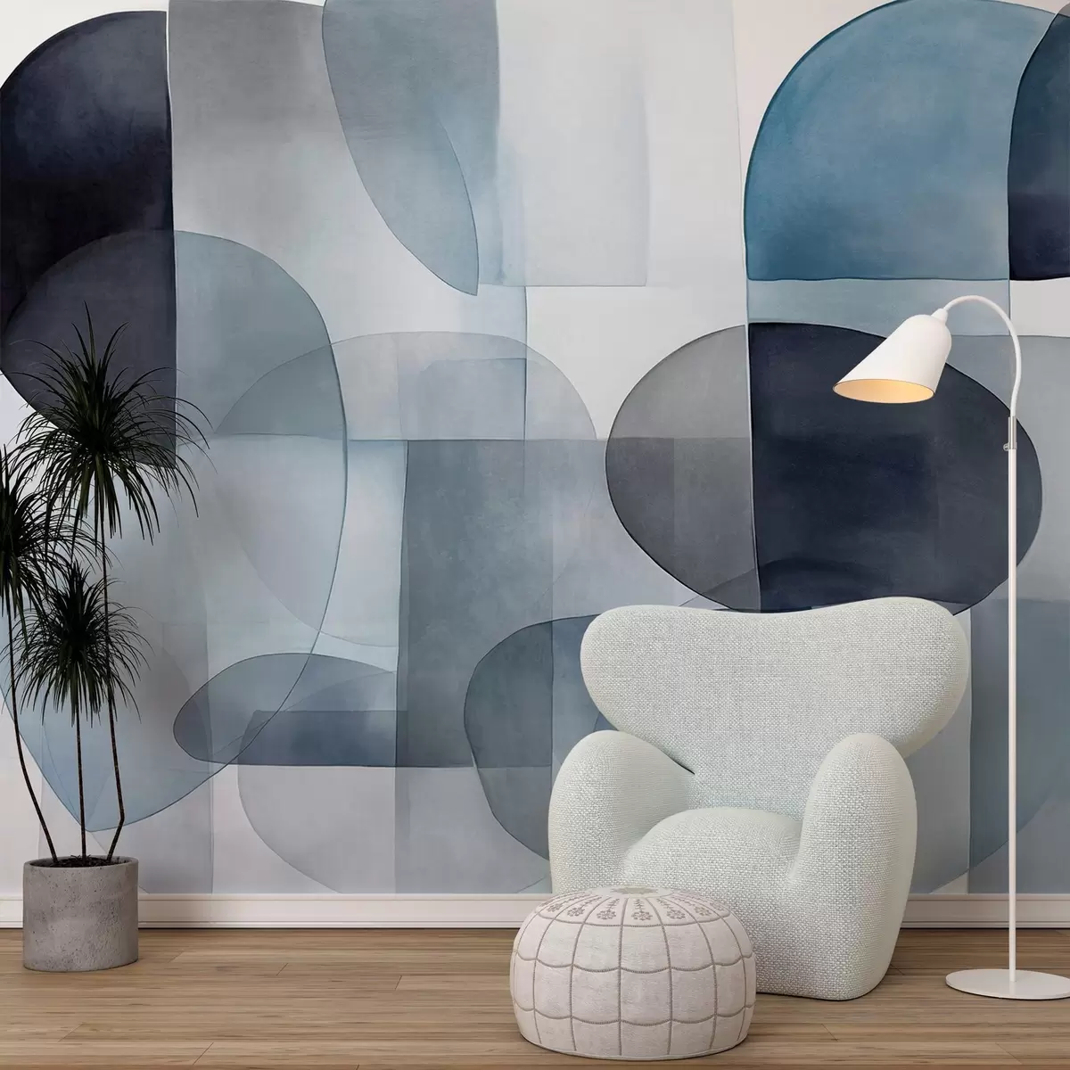 murais de parede Formas abstratas texturizadas em tons de cinza e azul, tons suaves, composição minimalista, fundo neutro w09467v1