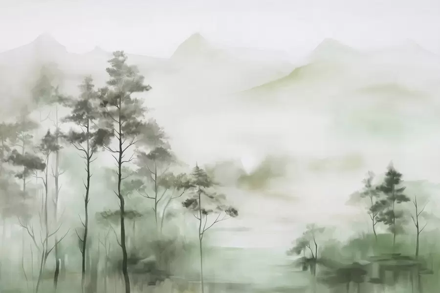 murais de parede Paisagem enevoada com árvores altas e montanhas em tons suaves de verde e cinza, estilo minimalista, texturizado w09469