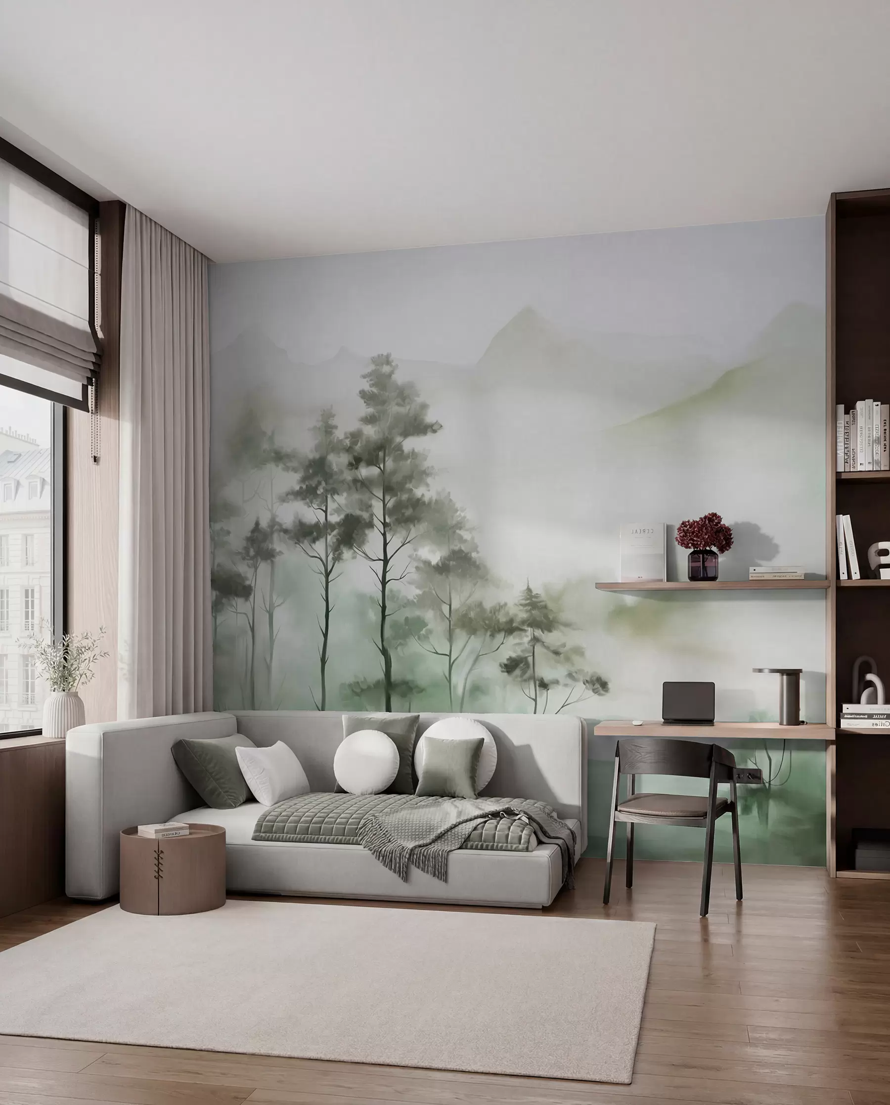 murais de parede Paisagem enevoada com árvores altas e montanhas em tons suaves de verde e cinza, estilo minimalista, texturizado w09469