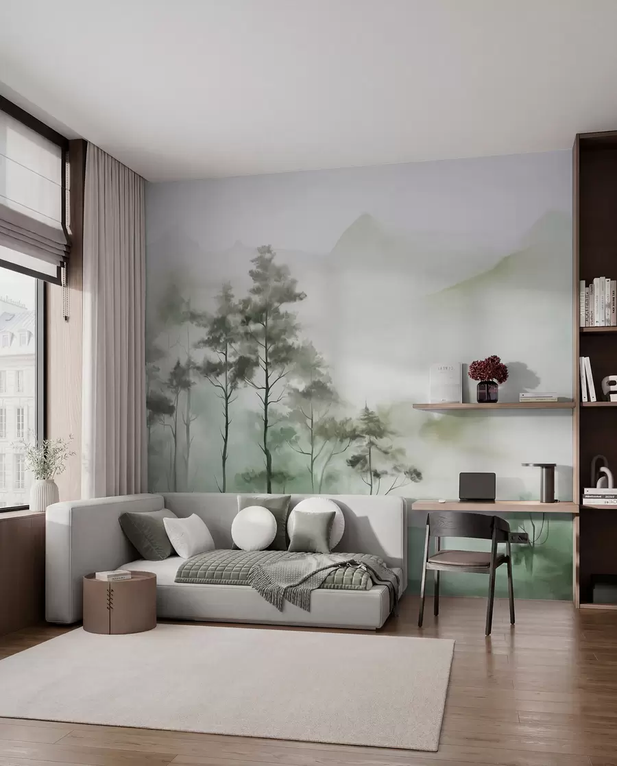 murais de parede Paisagem enevoada com árvores altas e montanhas em tons suaves de verde e cinza, estilo minimalista, texturizado w09469