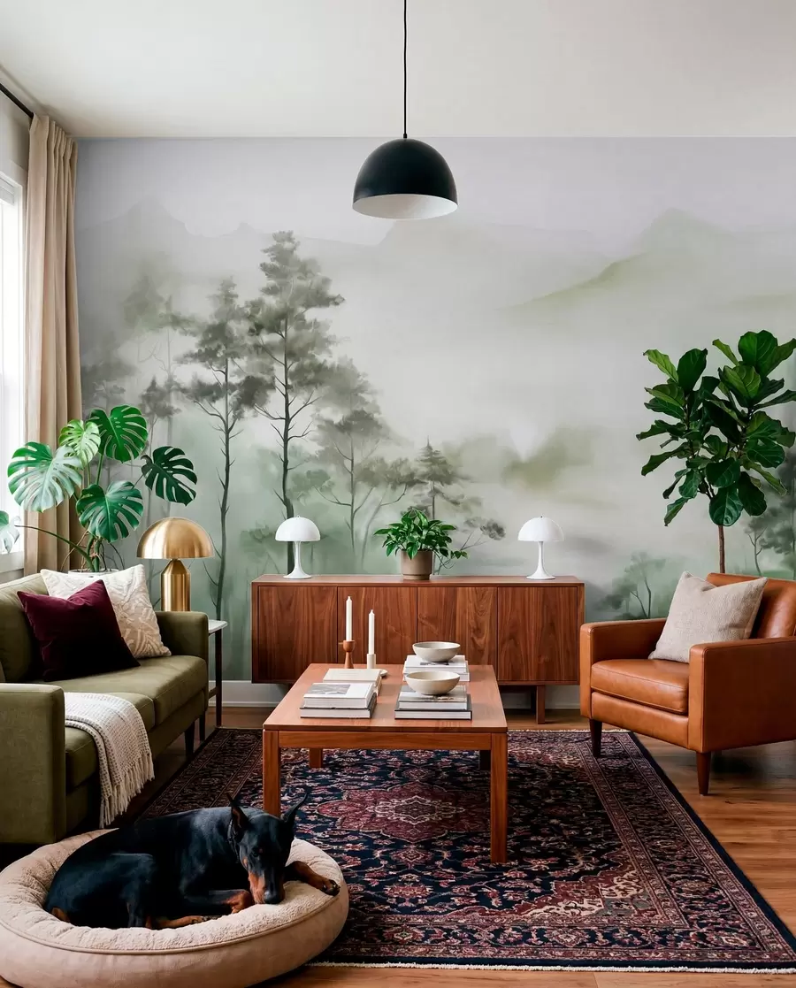 murais de parede Paisagem enevoada com árvores altas e montanhas em tons suaves de verde e cinza, estilo minimalista, texturizado w09469