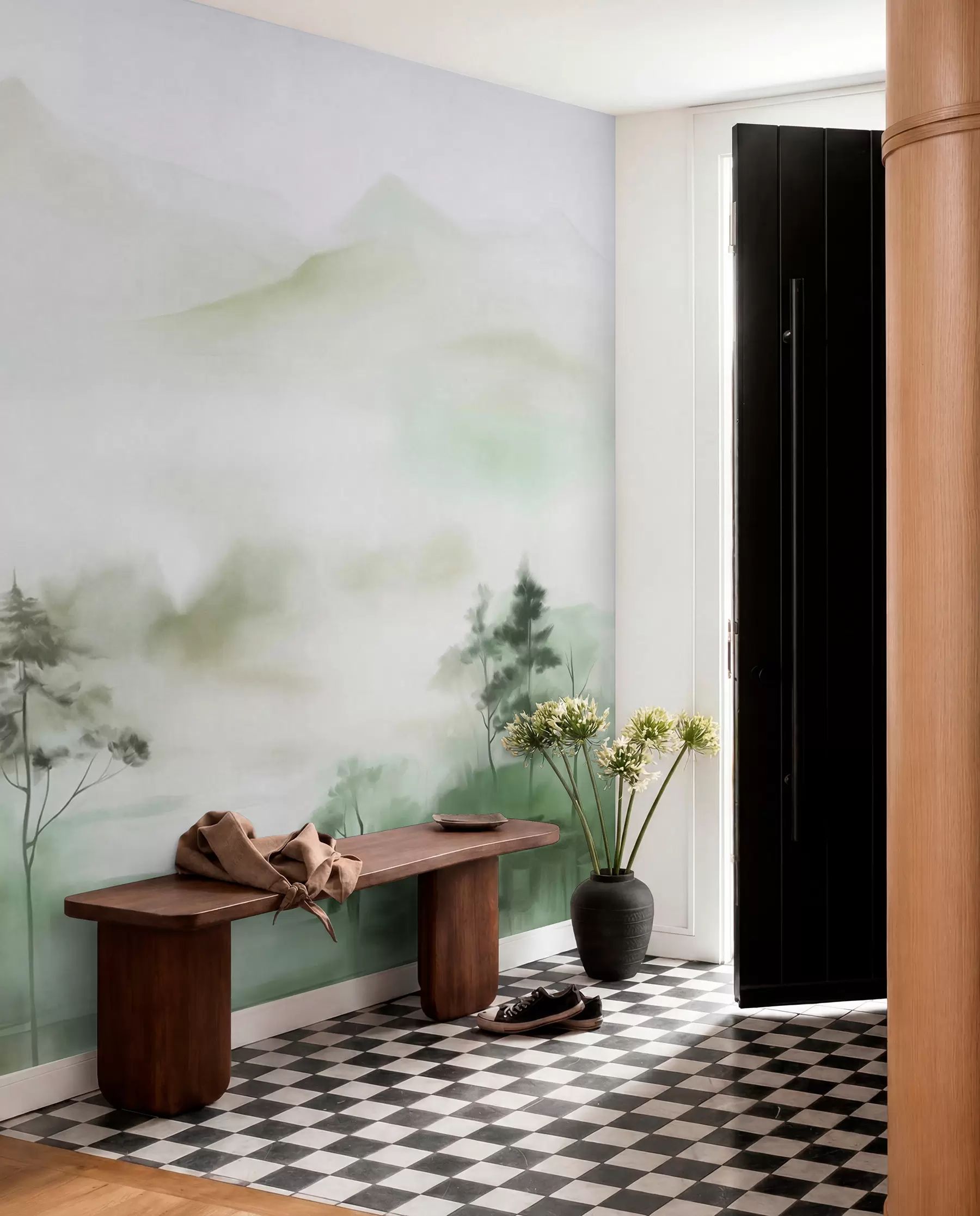 murais de parede Paisagem enevoada com árvores altas e montanhas em tons suaves de verde e cinza, estilo minimalista, texturizado w09469