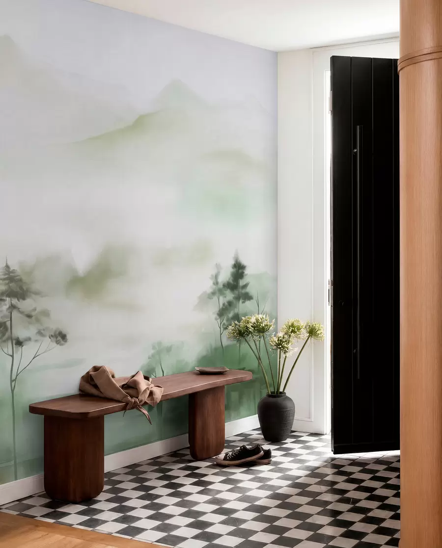 murais de parede Paisagem enevoada com árvores altas e montanhas em tons suaves de verde e cinza, estilo minimalista, texturizado w09469
