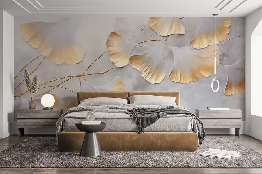 murais de parede Folhas de ginkgo biloba com bordas amarelas num ramo, fundo cinzento texturizado, design elegante e minimalista w09472
