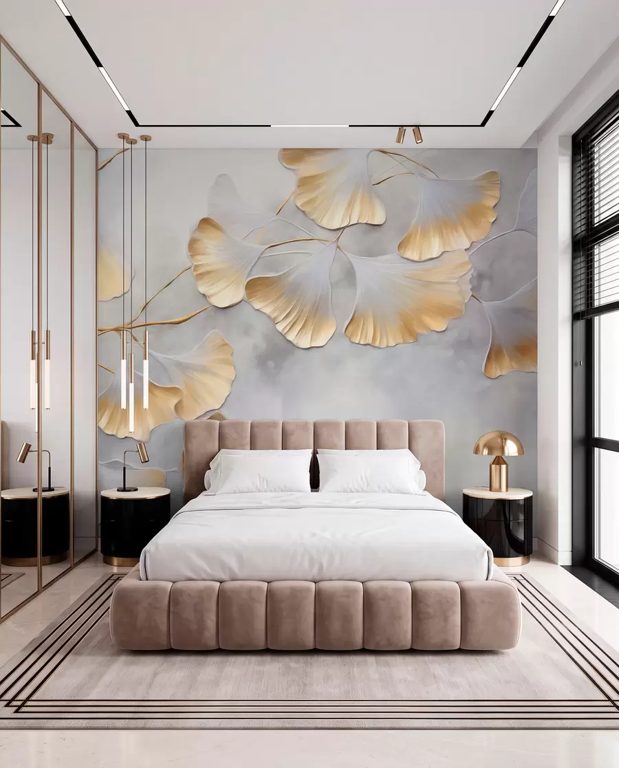 murais de parede Folhas de ginkgo biloba com bordas amarelas num ramo, fundo cinzento texturizado, design elegante e minimalista w09472
