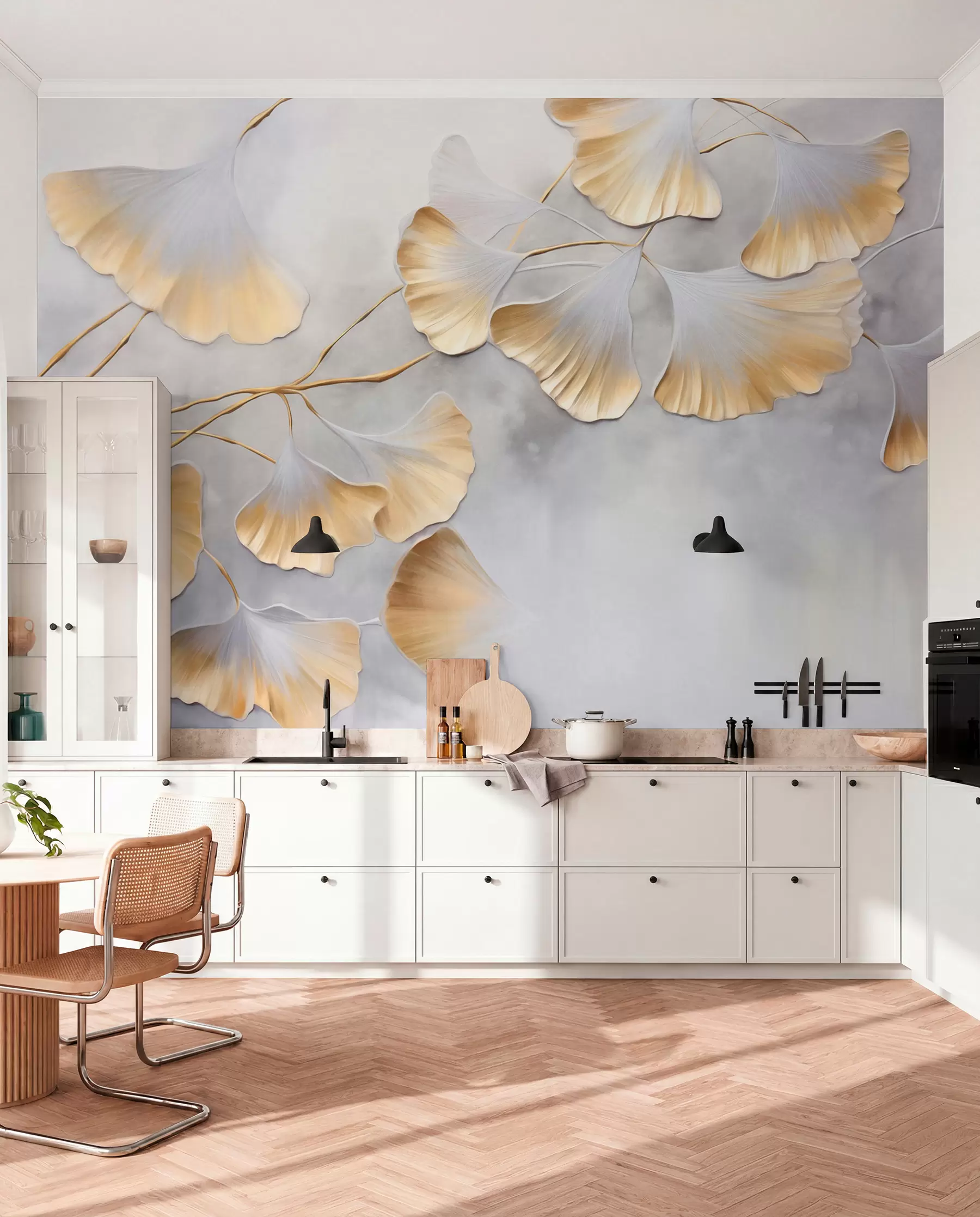 murais de parede Folhas de ginkgo biloba com bordas amarelas num ramo, fundo cinzento texturizado, design elegante e minimalista w09472