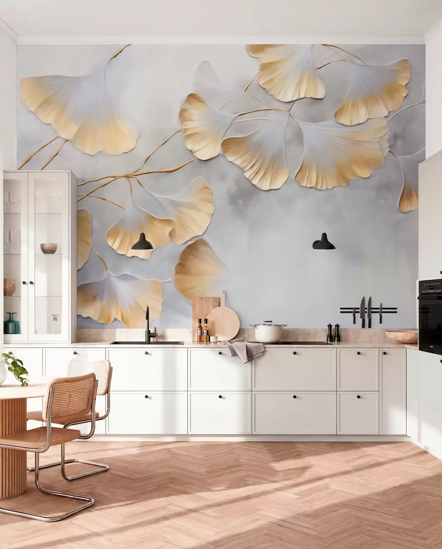 murais de parede Folhas de ginkgo biloba com bordas amarelas num ramo, fundo cinzento texturizado, design elegante e minimalista w09472