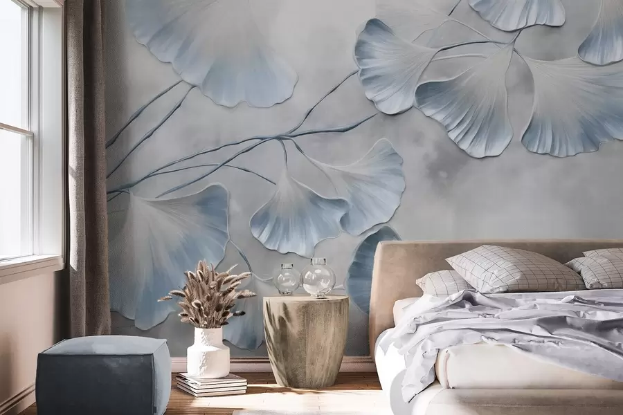 murais de parede Folhas de ginkgo biloba com bordas azuis num ramo, fundo cinzento texturizado, design elegante e minimalista w09472v1