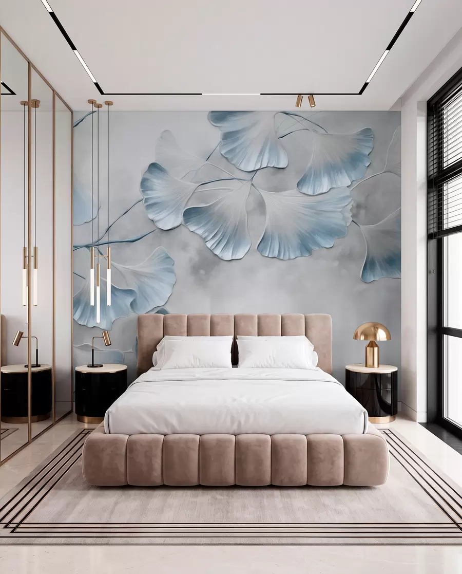 murais de parede Folhas de ginkgo biloba com bordas azuis num ramo, fundo cinzento texturizado, design elegante e minimalista w09472v1