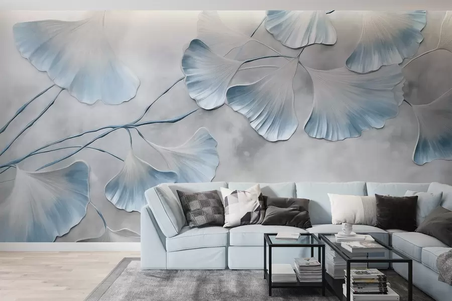 murais de parede Folhas de ginkgo biloba com bordas azuis num ramo, fundo cinzento texturizado, design elegante e minimalista w09472v1
