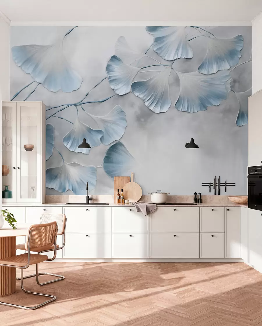murais de parede Folhas de ginkgo biloba com bordas azuis num ramo, fundo cinzento texturizado, design elegante e minimalista w09472v1