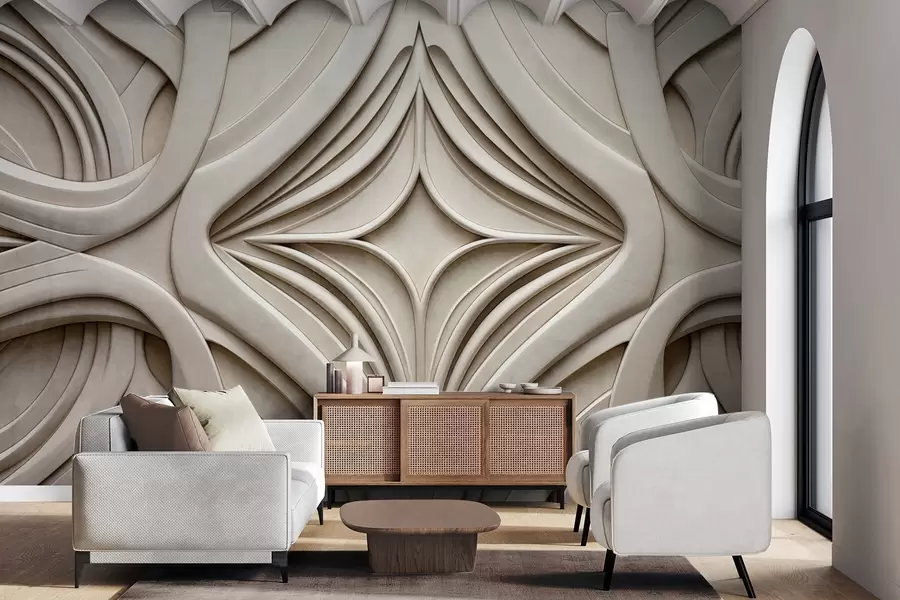 murais de parede Estampa geométrica simétrica abstrata, cor bege claro, estilo art déco, detalhes intricados w09473