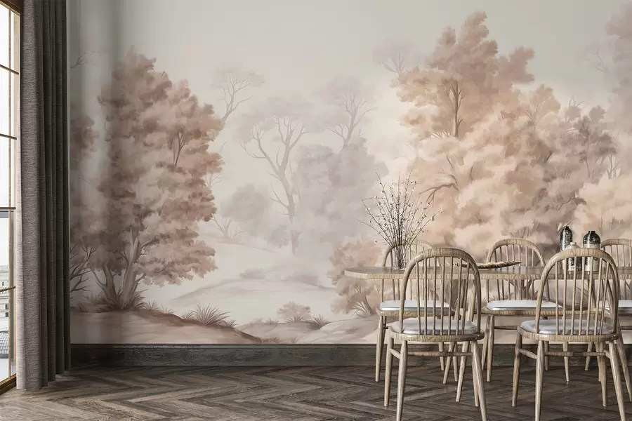 murais de parede Pintura texturizada de paisagem imitando uma floresta com árvores altas e relva, cores suaves e discretas, cena tranquilizante w09474