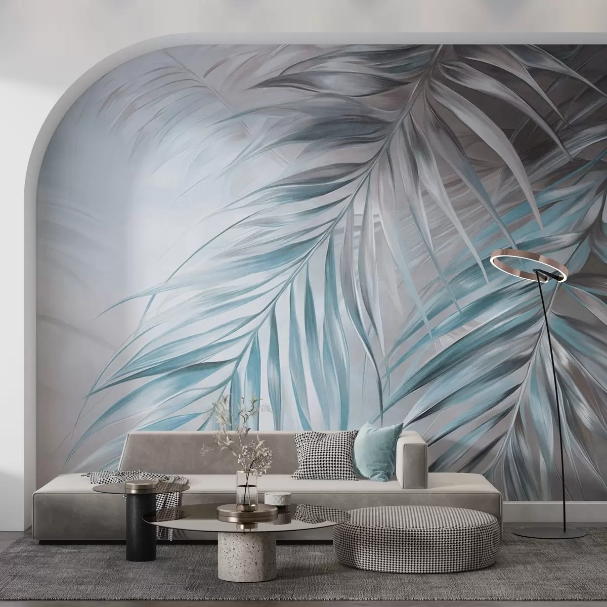 murais de parede Folhas de palmeira com tons cinzentos e azuis, fundo com textura clara e cores suaves, estilo tropical elegante w09475v1