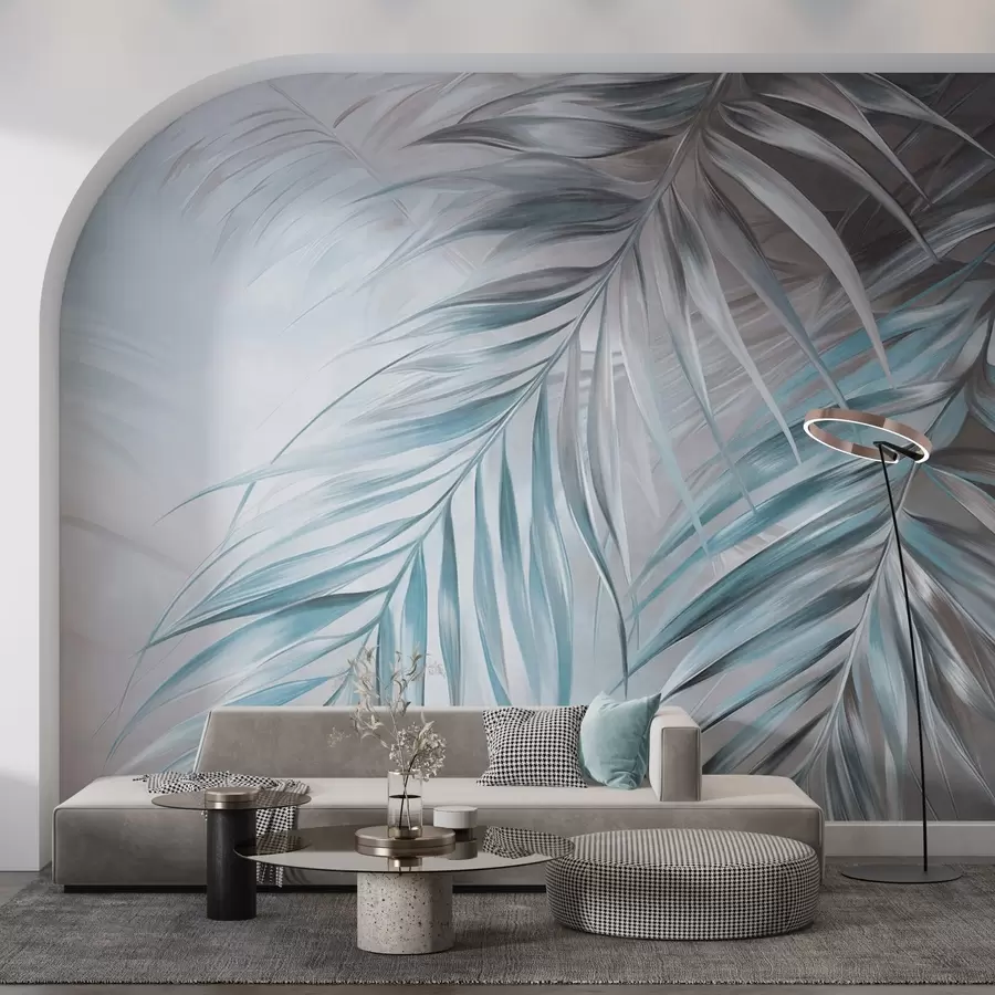 murais de parede Folhas de palmeira com tons cinzentos e azuis, fundo com textura clara e cores suaves, estilo tropical elegante w09475v1