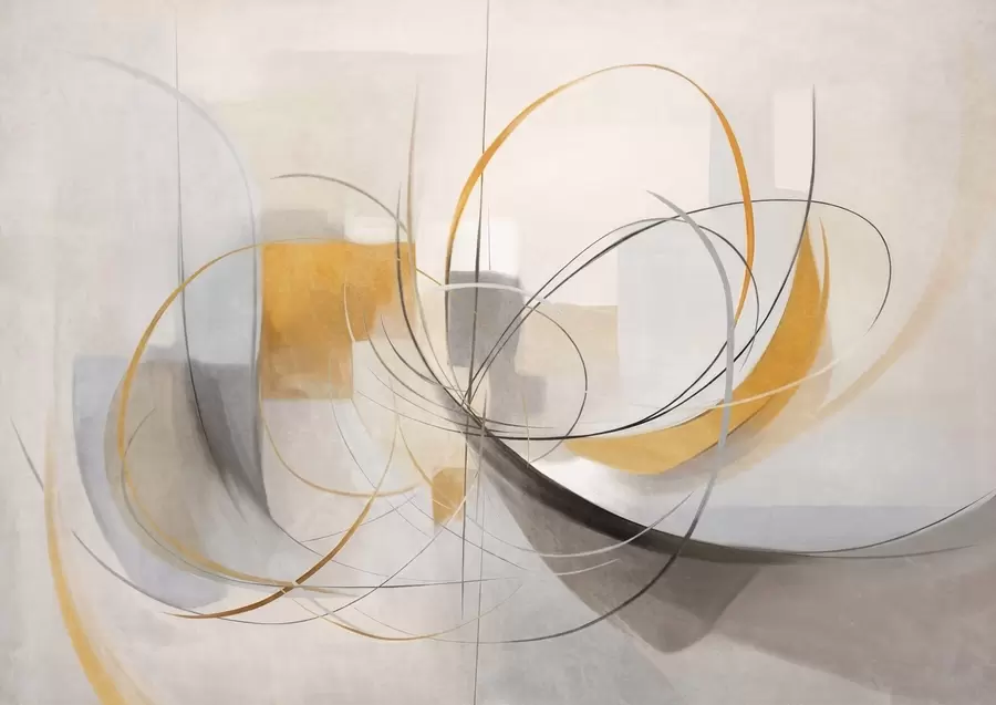 murais de parede Pintura moderna com textura abstrata, linhas curvas e formas geométricas em tons de cinza, branco e laranja w09476