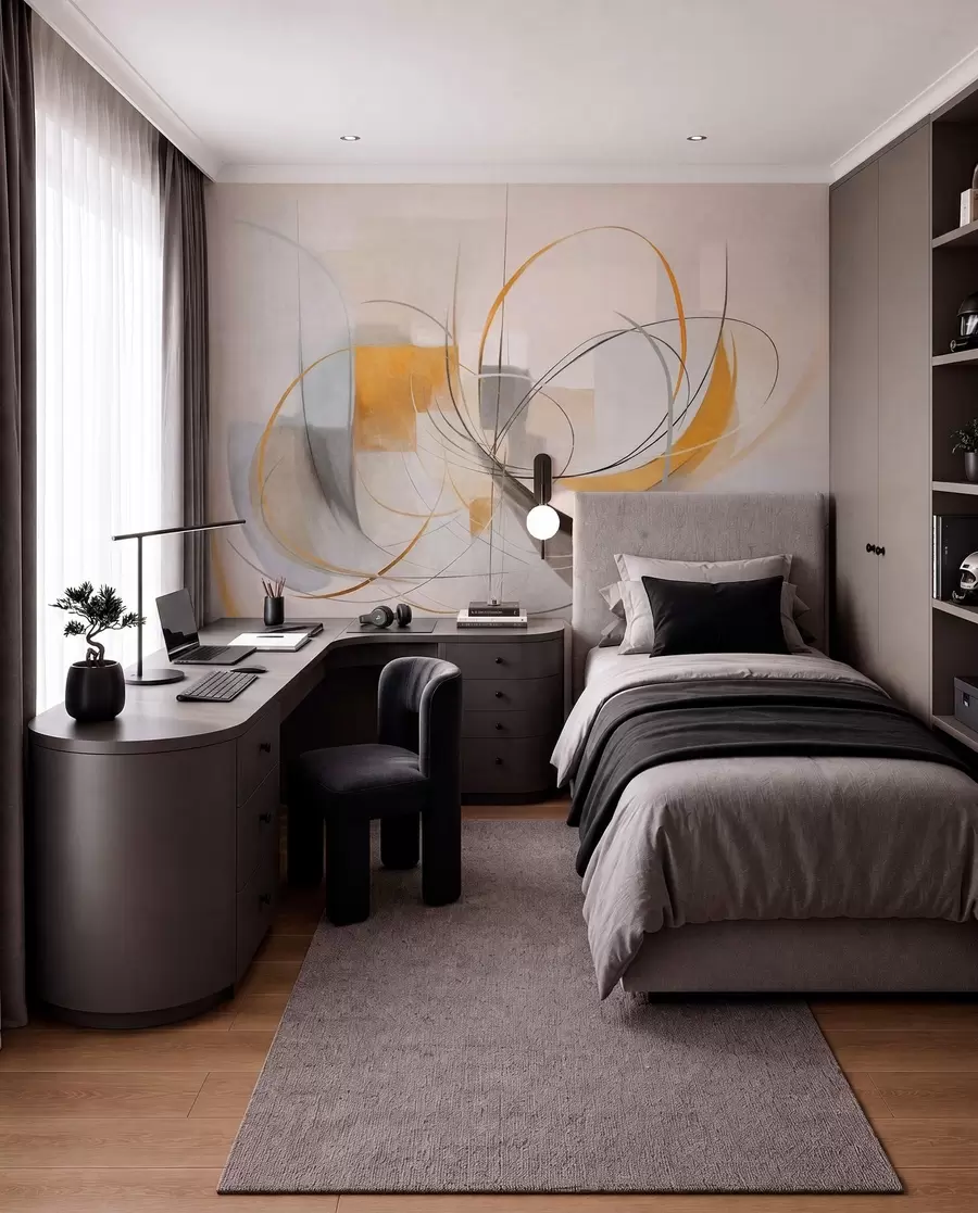murais de parede Pintura moderna com textura abstrata, linhas curvas e formas geométricas em tons de cinza, branco e laranja w09476