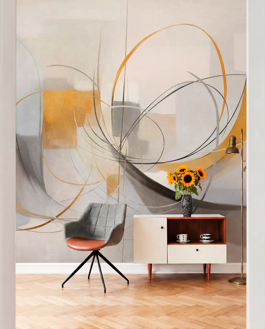 murais de parede Pintura moderna com textura abstrata, linhas curvas e formas geométricas em tons de cinza, branco e laranja w09476