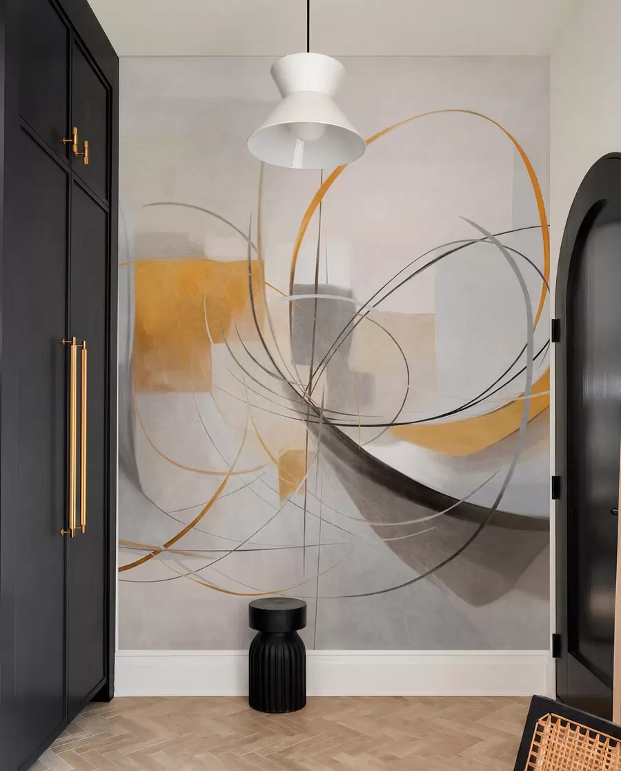 murais de parede Pintura moderna com textura abstrata, linhas curvas e formas geométricas em tons de cinza, branco e laranja w09476