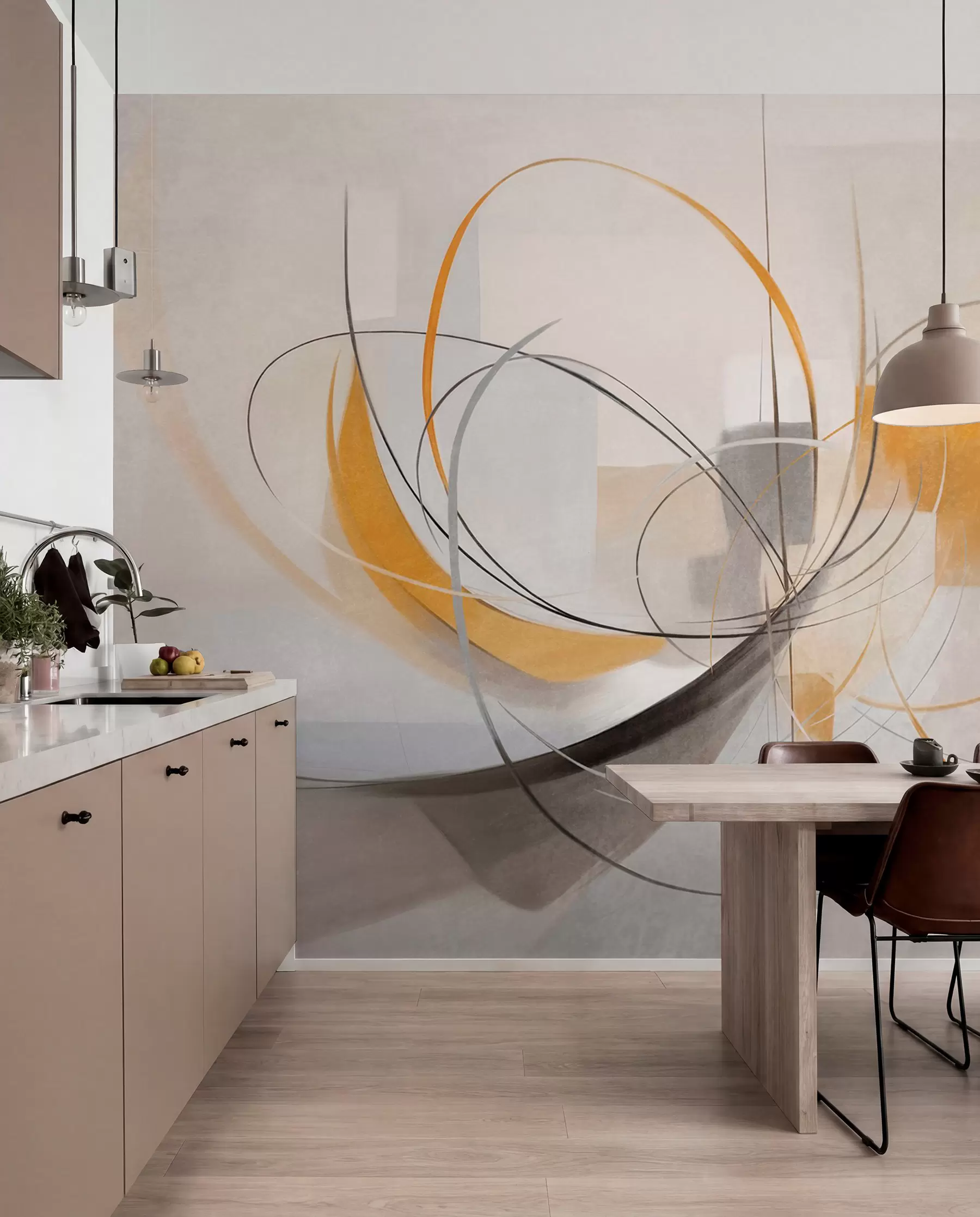 murais de parede Pintura moderna com textura abstrata, linhas curvas e formas geométricas em tons de cinza, branco e laranja w09476