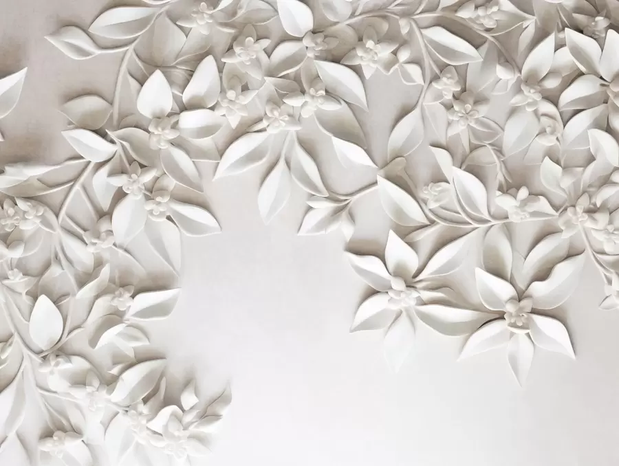 murais de parede Flores e folhas brancas texturizadas, arranjo floral, design elegante, estilo minimalista, arte decorativa w09479