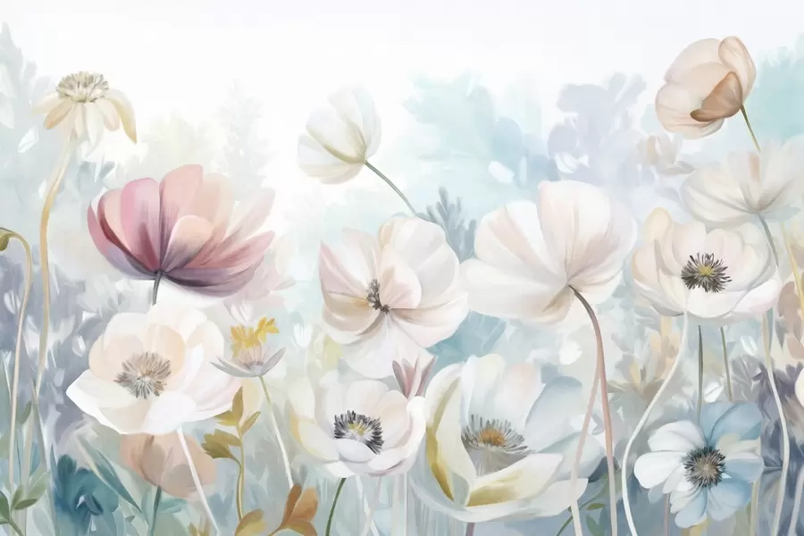 murais de parede Um campo de flores em tons pastel com pétalas delicadas, folhas verdes suaves, num estilo aquarela sonhador e texturado w09481