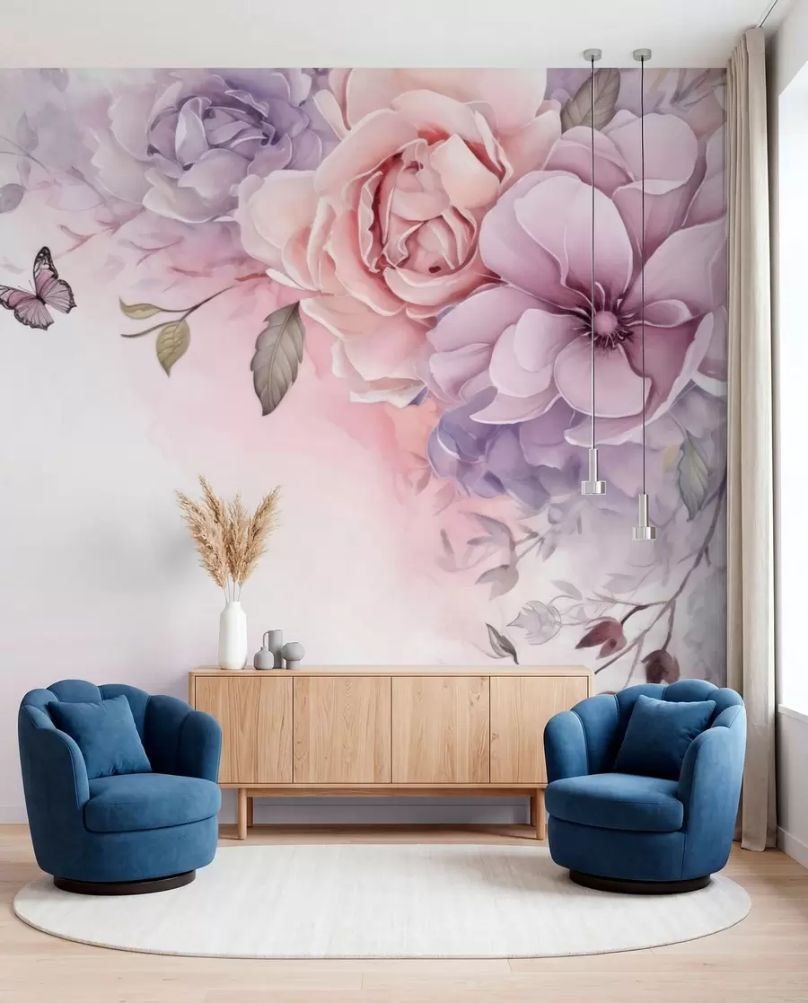murais de parede Borboletas e flores rosa w04711