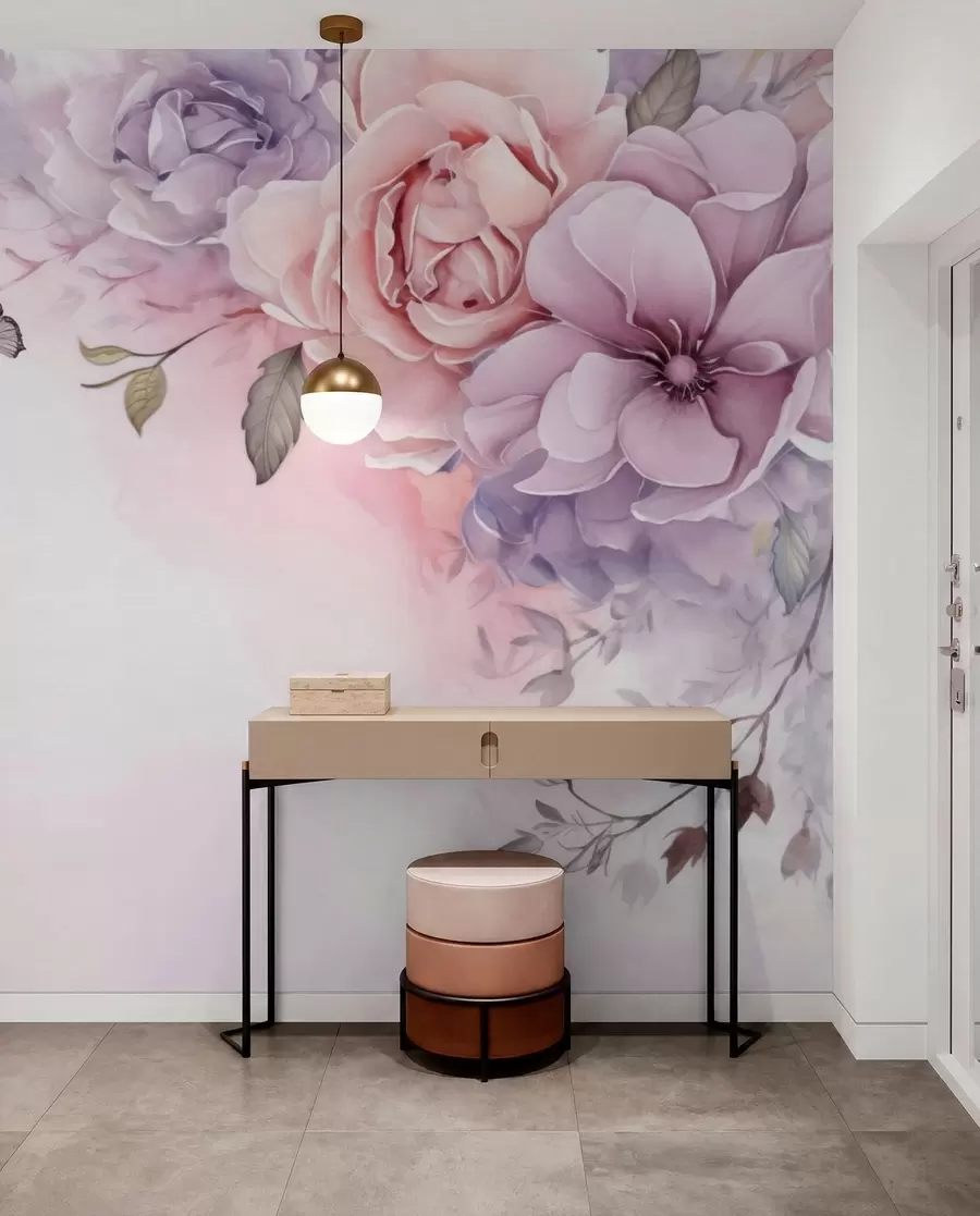 murais de parede Delicadas flores cor-de-rosa e lilás com uma borboleta w04711