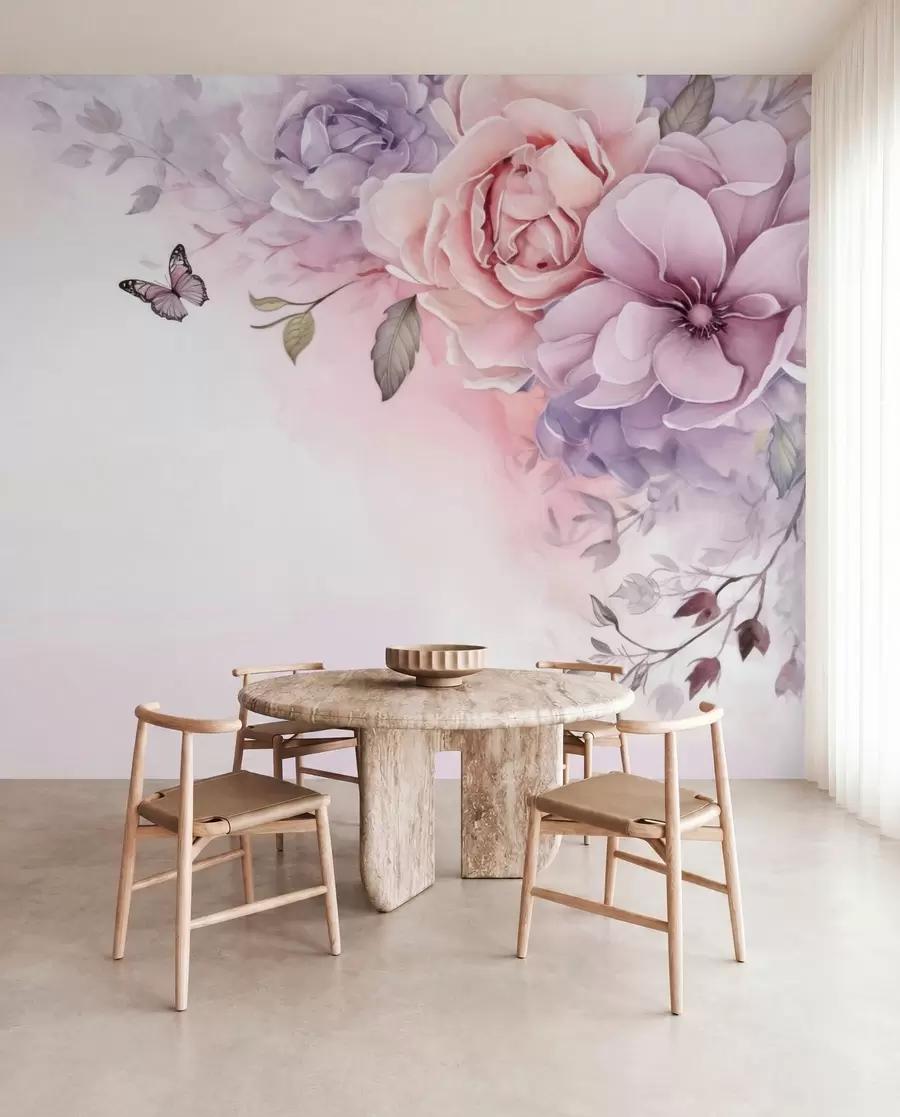murais de parede Delicadas flores cor-de-rosa e lilás com uma borboleta w04711