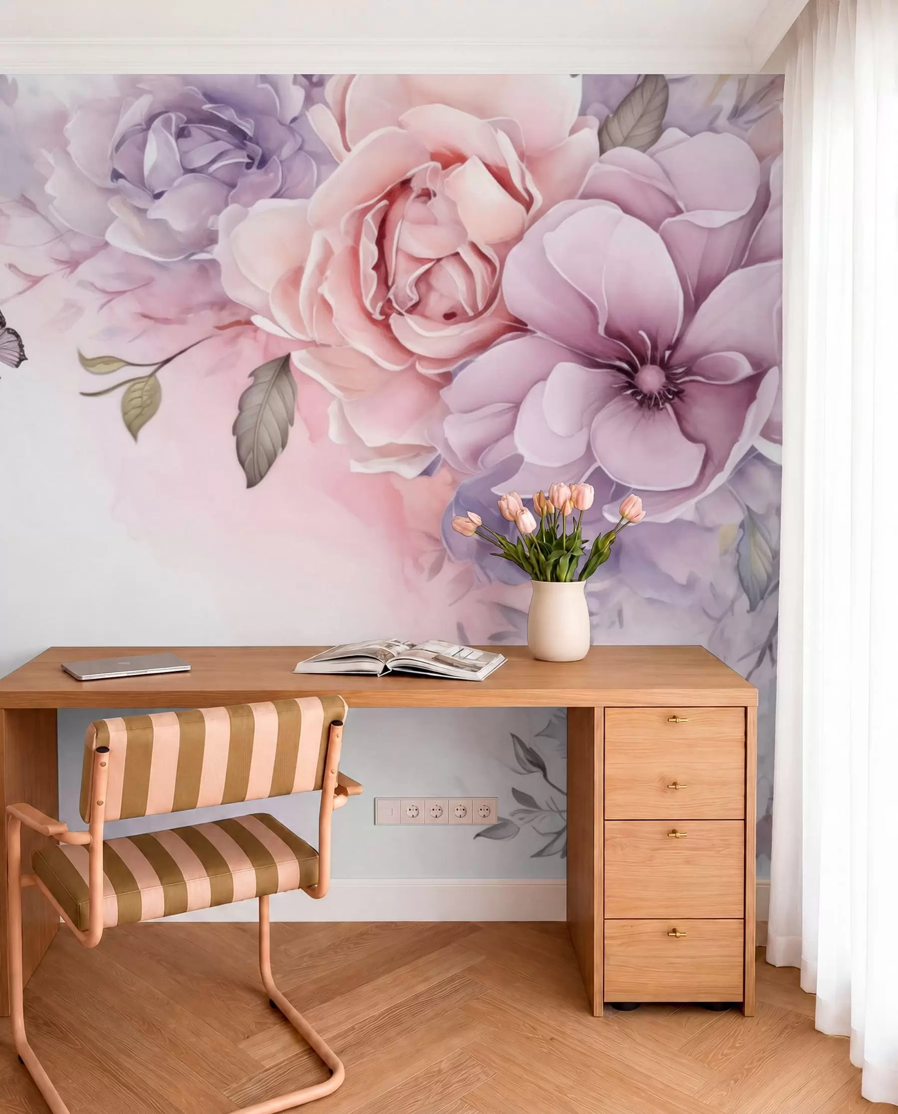 murais de parede Delicadas flores cor-de-rosa e lilás com uma borboleta w04711