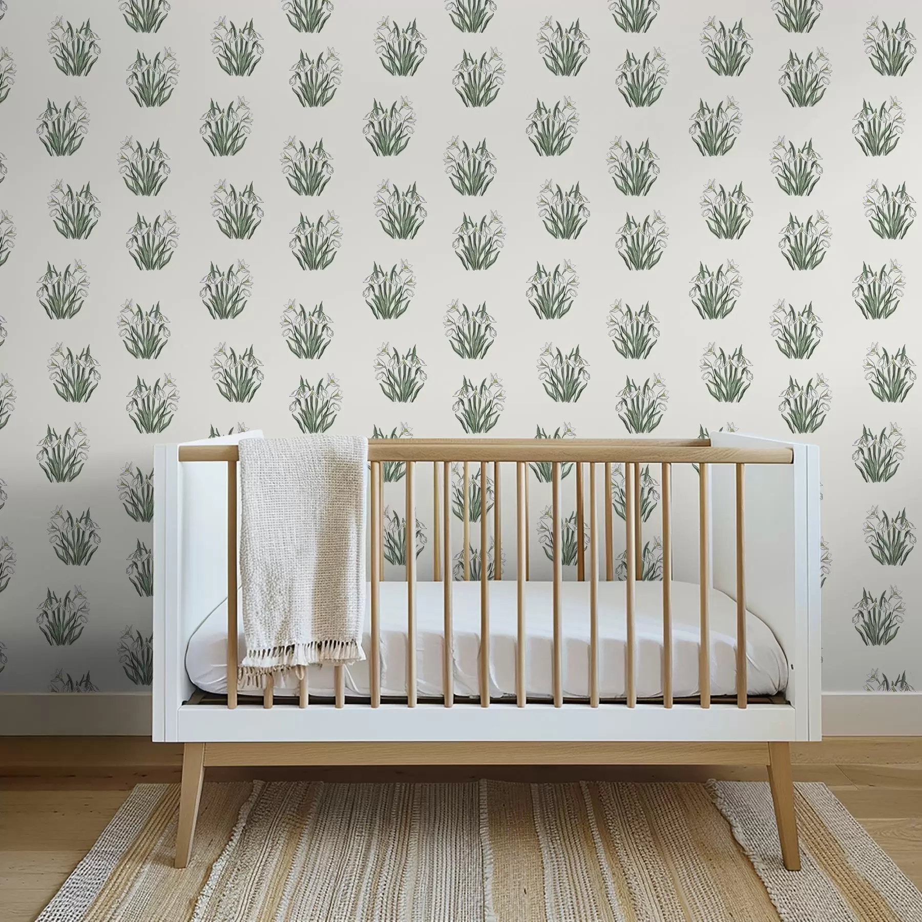 murais de parede Snowdrops com folhas verdes sobre fundo cinza claro a00651v1