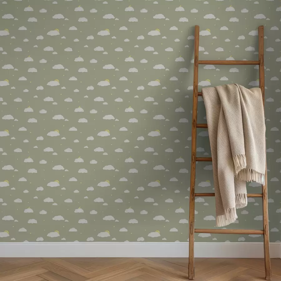 murais de parede Nuvens suaves, estrelas e sol num fundo cinzento esverdeado a00652v1