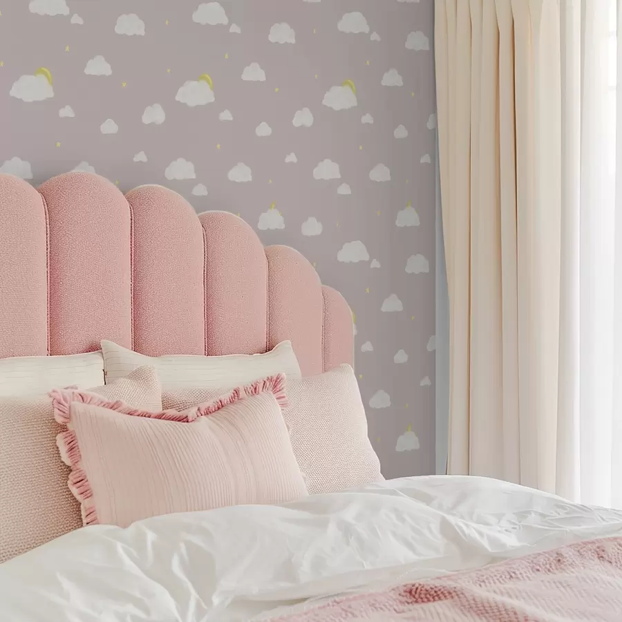 murais de parede Nuvens suaves, estrelas e sol num fundo cinzento rosado a00652v2