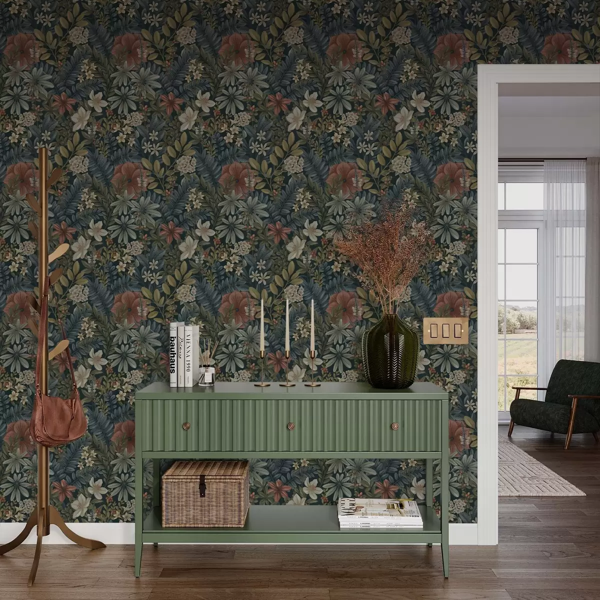 Papel de parede Fundo escuro com flores e folhas densas em tons quentes a00678