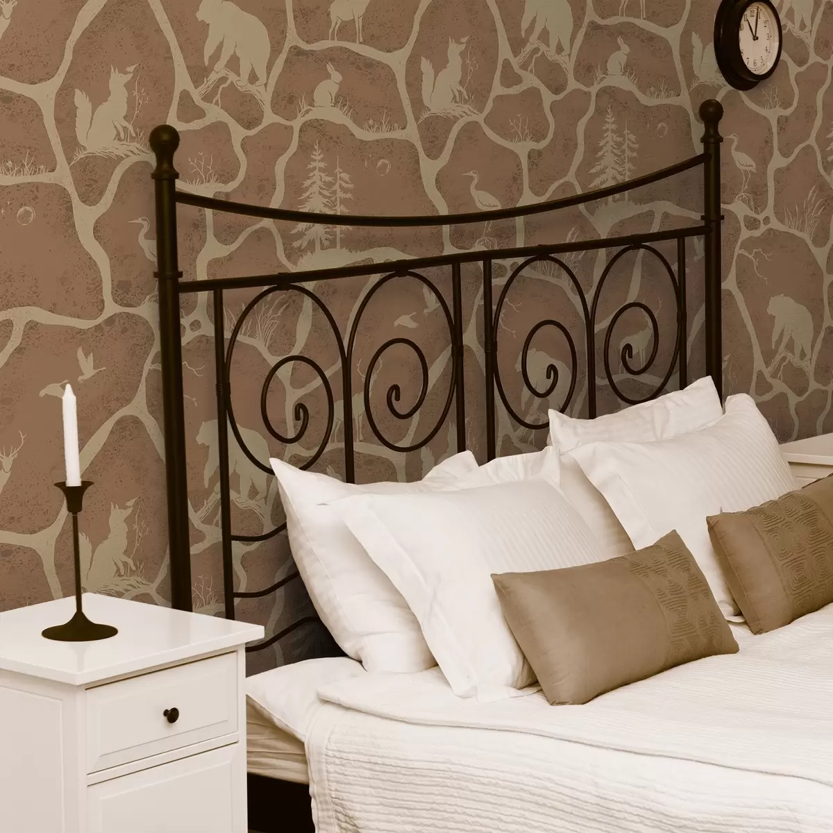 Papel de parede Silhuetas de animais e árvores numa paisagem natural com textura de pedra a00727