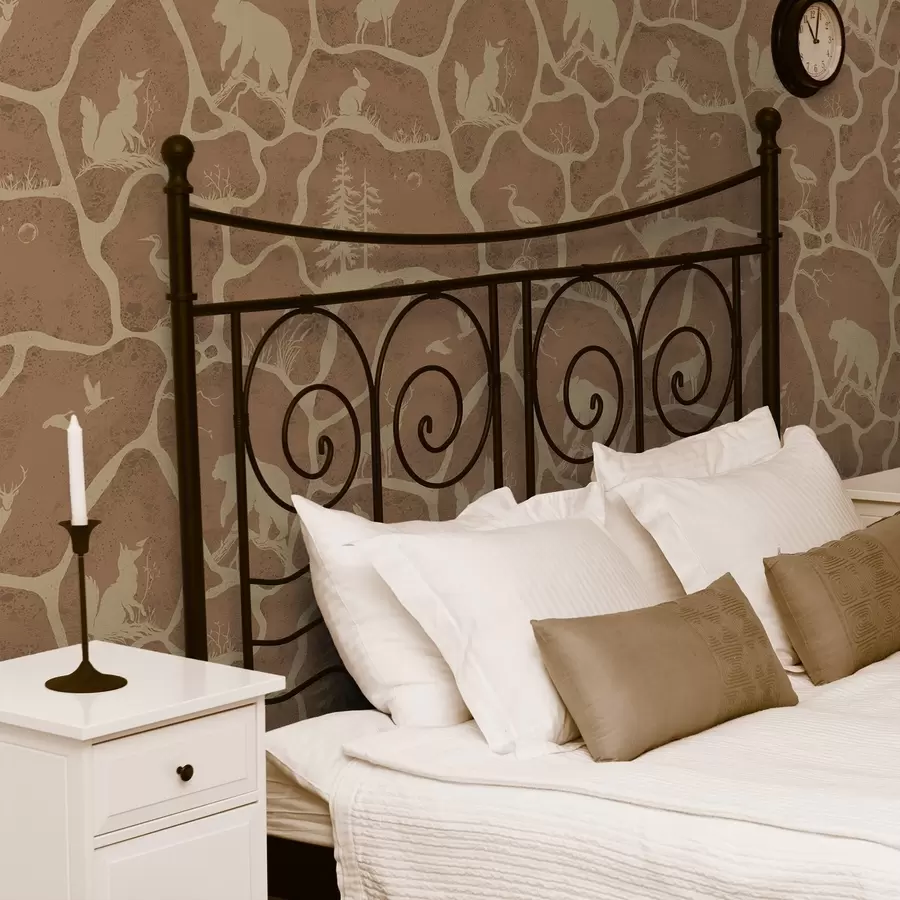 murais de parede Silhuetas de animais e árvores numa paisagem natural com textura de pedra a00727