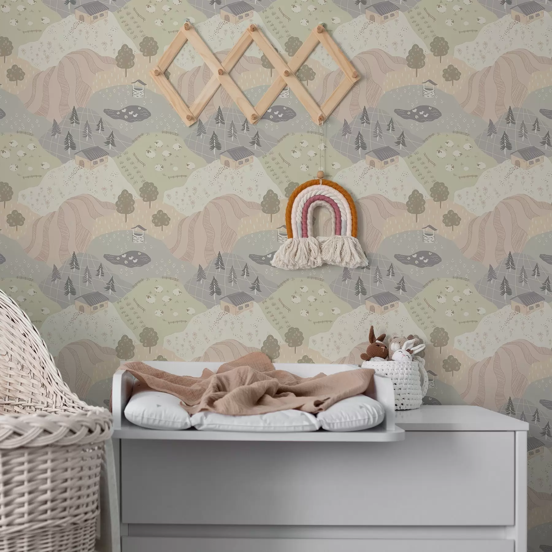 murais de parede Campo de conto de fadas com árvores, gansos e ovelhas a00728