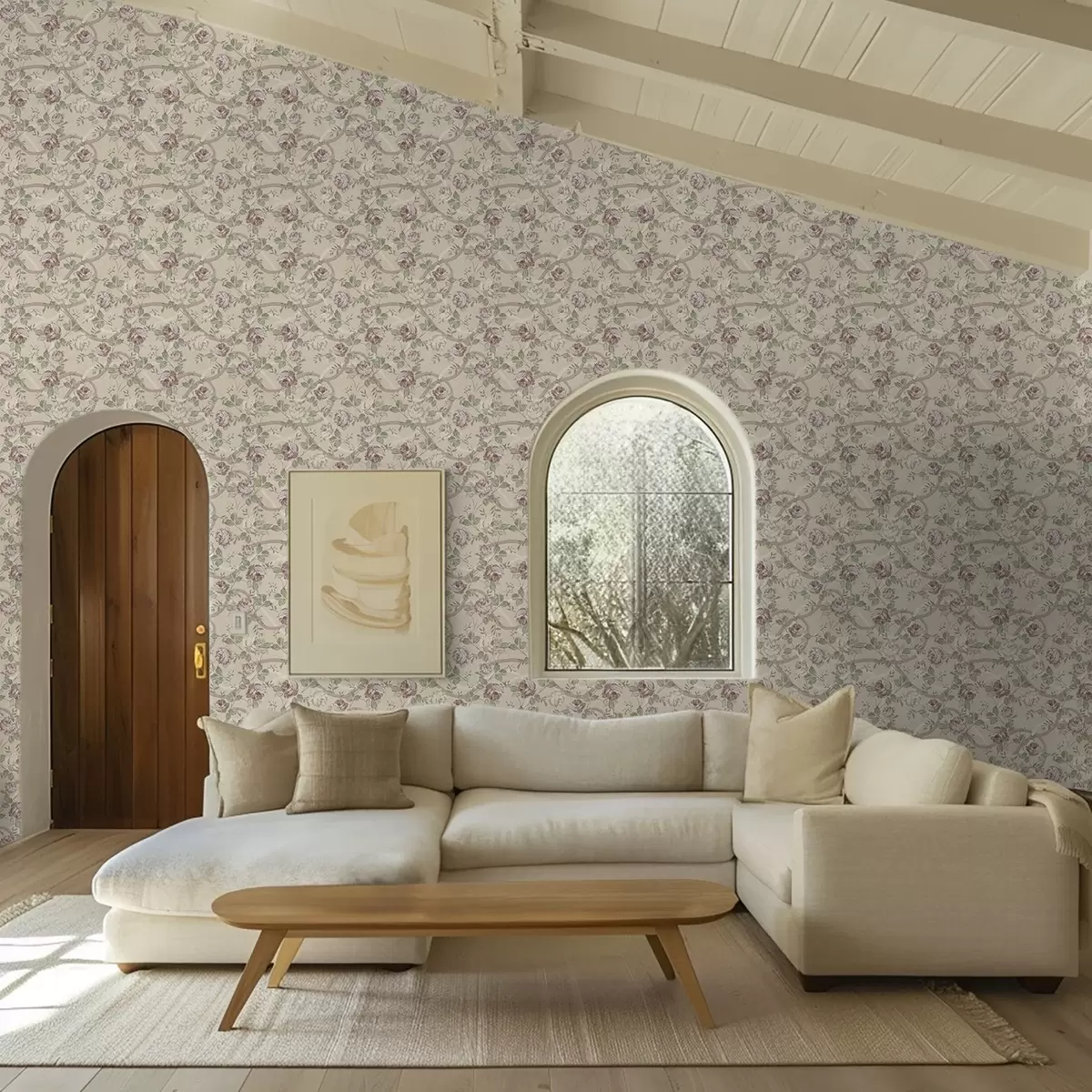 Papel de parede Rosas com folhas verdes sobre uma base bege quente a00729